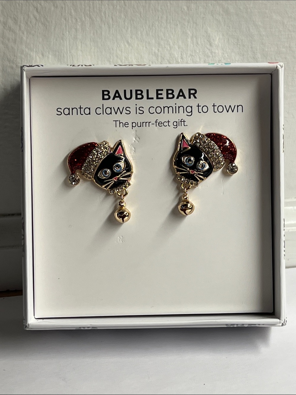 NeBaubleBar Black Cat Holiday Stud Earrings with Red Glitter Hats and Gold Bells
